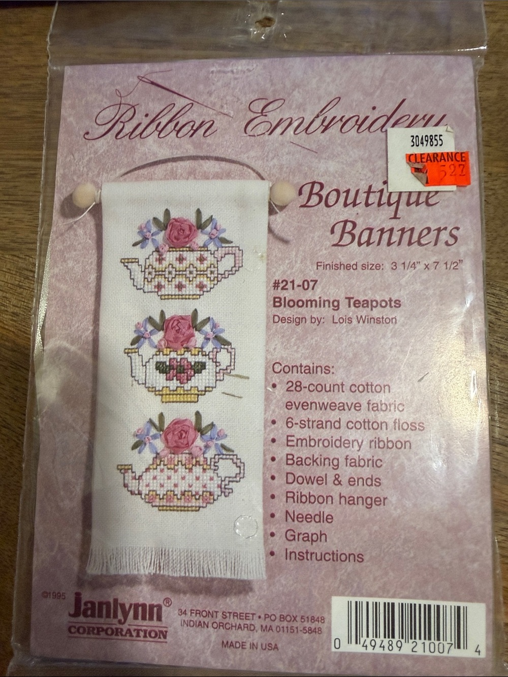 Janlynn Blooming Teapots Ribbon Embroidery Banner - Pink